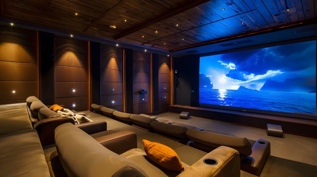 Minimalist home theater with a large screen and comfortable seating