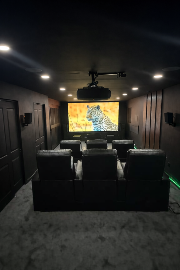 Modern home theater with leopard projection