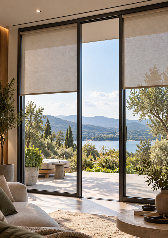 Motorized shades in a modern bedroom