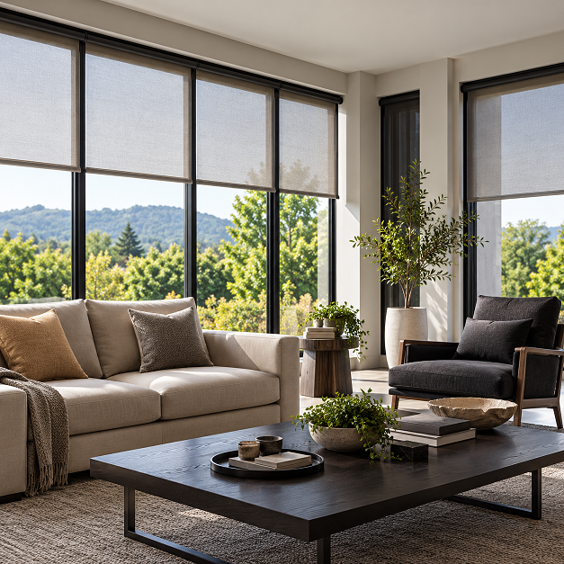 Motorized shades in living room